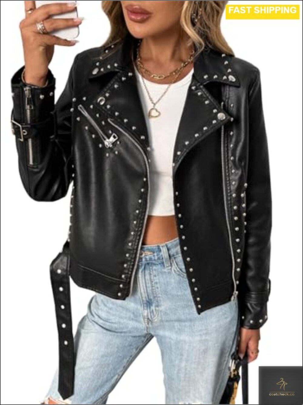 Studded Faux Leather Moto Jacket Women PU Biker Coat with Rivets